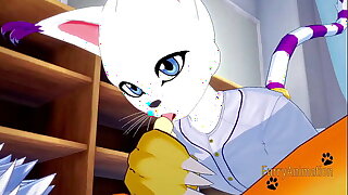 Digimon Yaoi - Renamon & Gatomon blowjob and bareback with creampie - Japan Anime Manga Yiff Gay